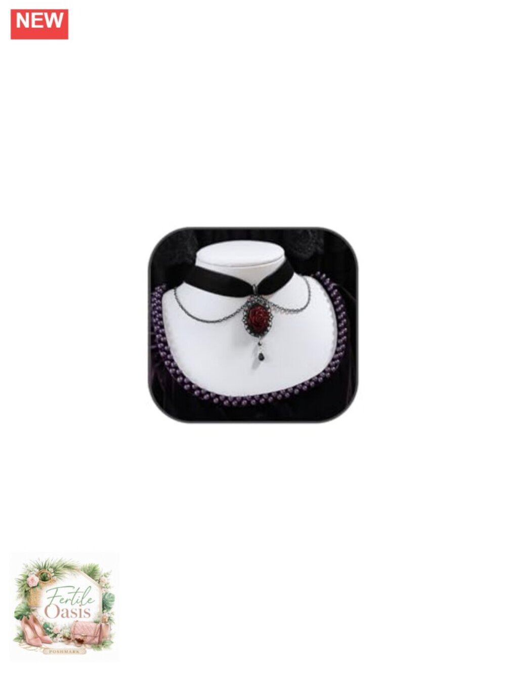 Gothic Rose Cameo Choker Necklace Black Velvet Vintage